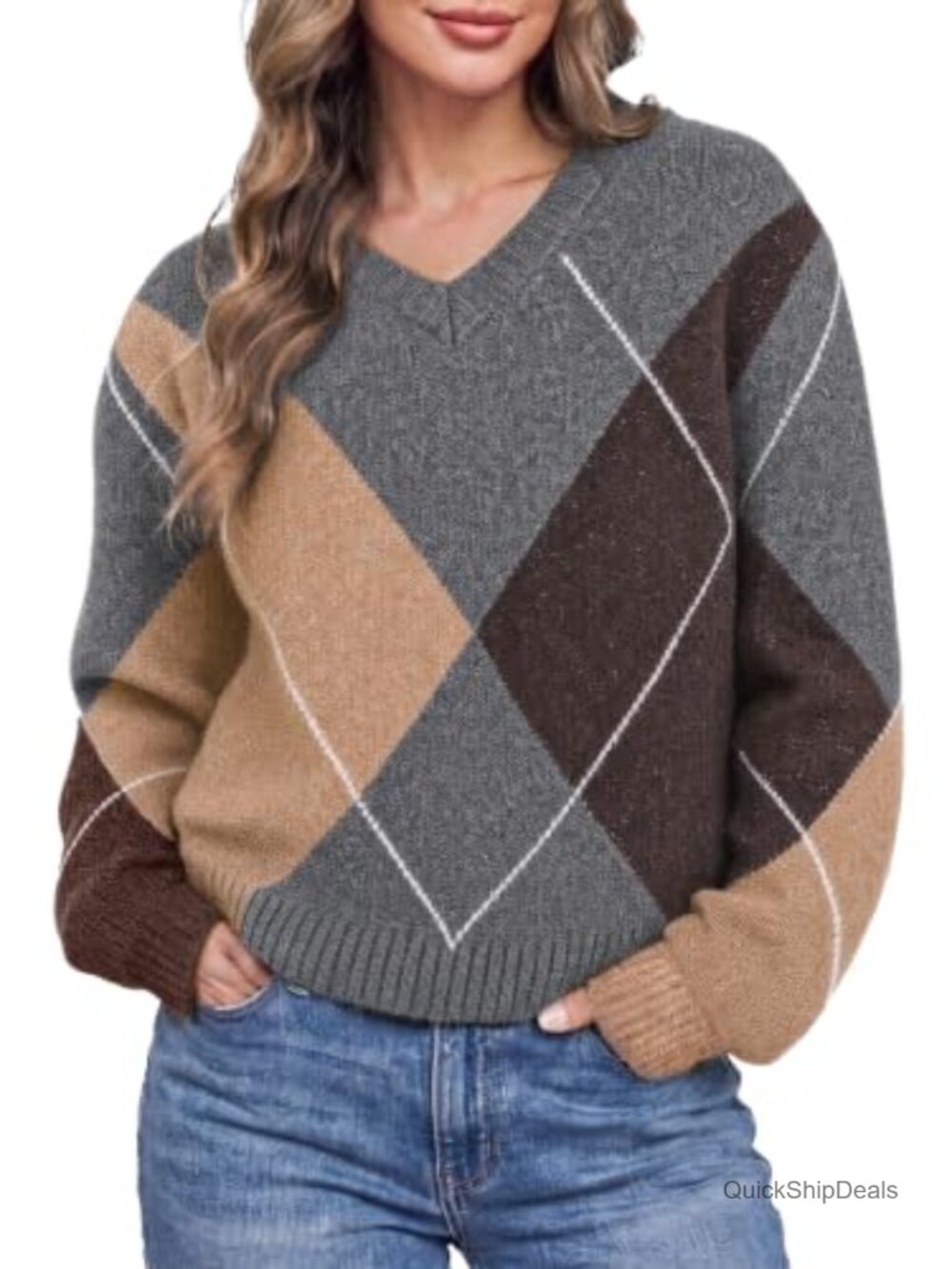 V Neck Argyle Sweater Long Sleeve Knit Casual Pullover